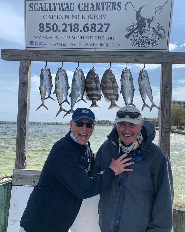 2 old guys having the time of their life fishing in Destin, FL. Sheepshead and spanish mackerel fish tacos.